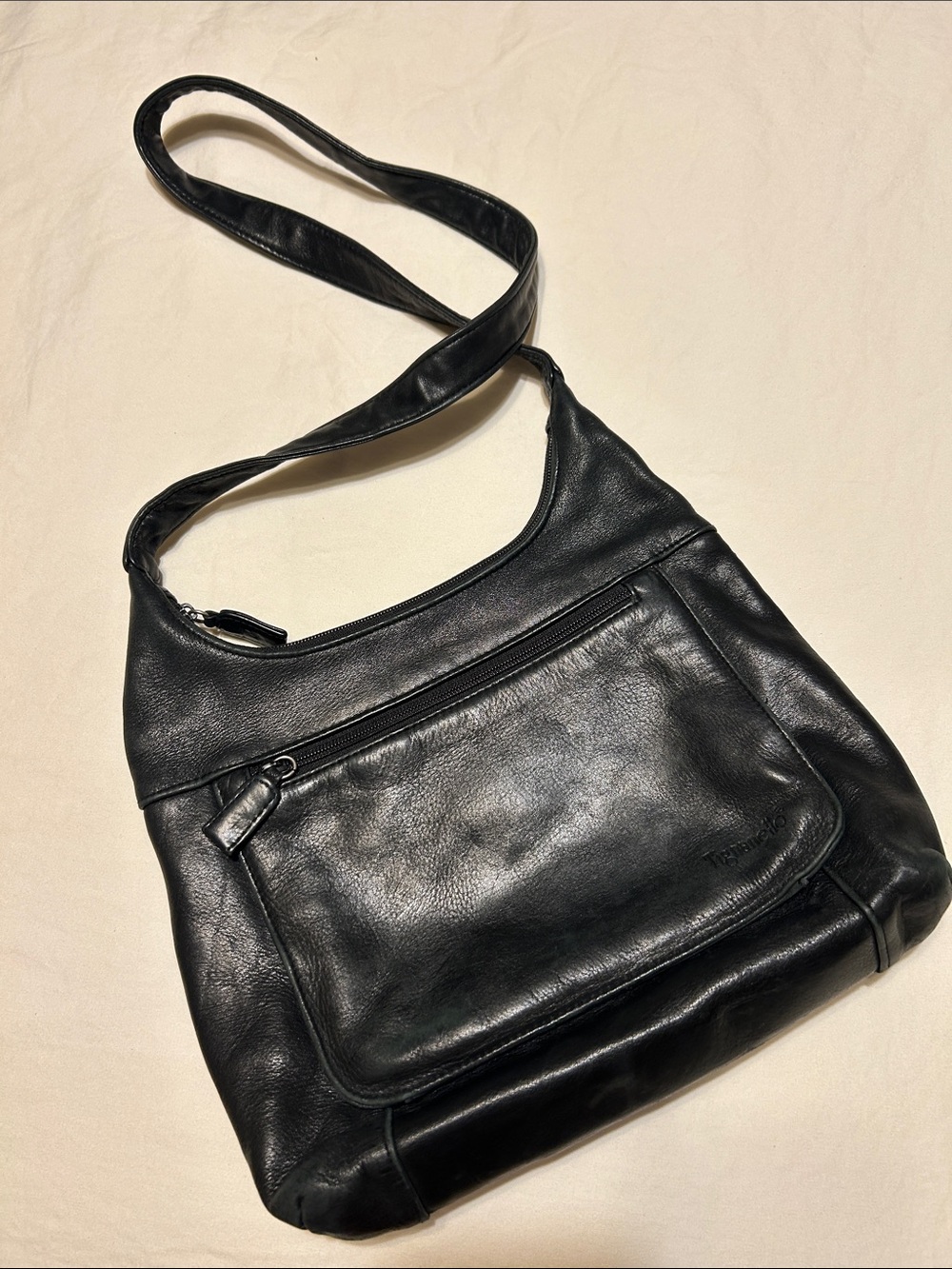 Tignanello Black Leather Shoulder Bag with Front Zip Pocket